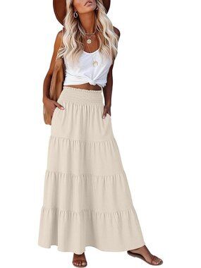 Anrabess Women's Navy Blue High Waist A-Line Tiered Long Flowy Maxi Skirts
